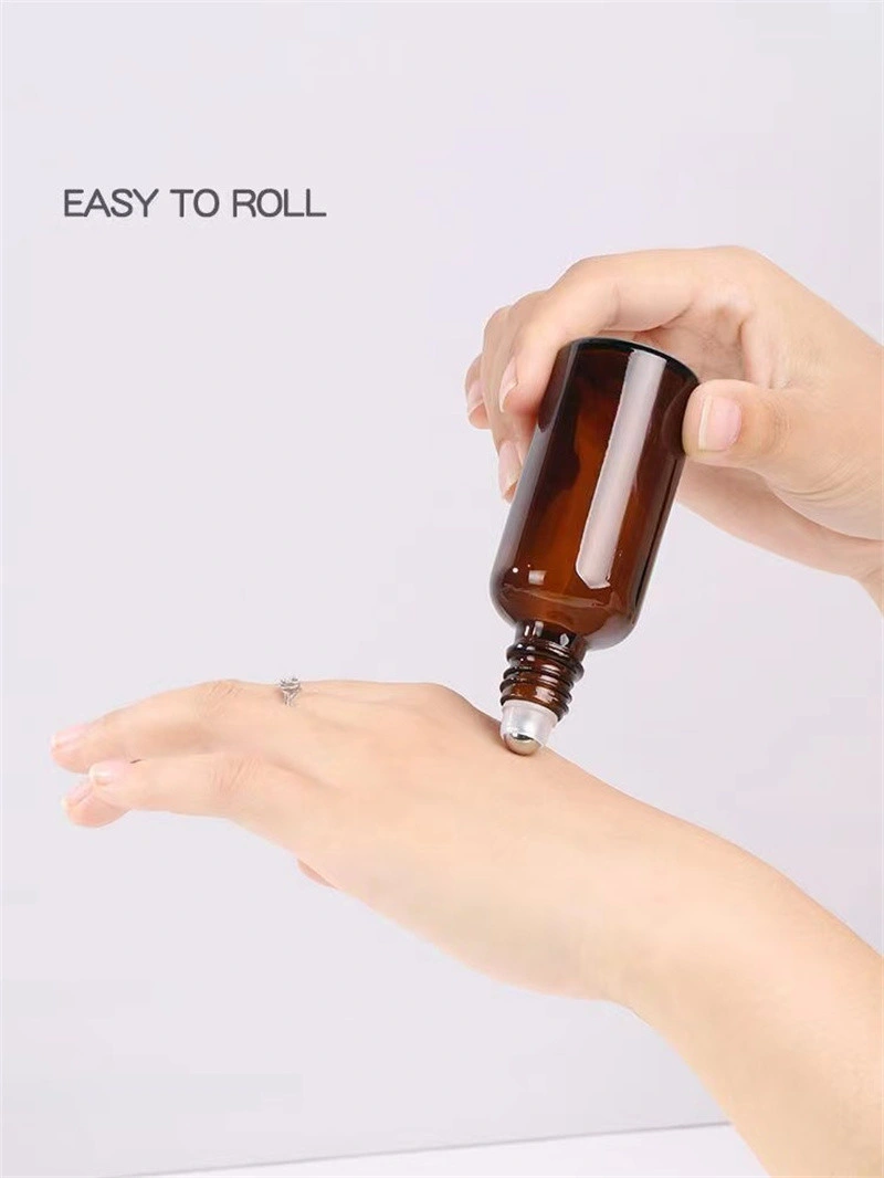 10ml Amber Roll on Glass Bottle Portable Brown Essential Oil Bottle Aroma Metal Roller Ball with Black Plastic Cap